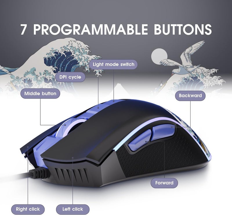 HITIME XVX Wired Gaming Mouse, 12000 DPI RGB Mouse with 12 Backlit Modes & 7 Macro Buttons, PC Gaming Mice Support DIY Keybinding, Gamer Computer Mice for Laptop PC Mac Windows, Kanagawa - Image 5